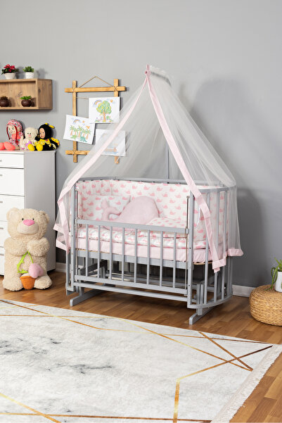 Bamgidoo Ahşap Beşik Anne Yanı Beşik Sallanır Beşik Gri 60x120 Pembe Balina U...