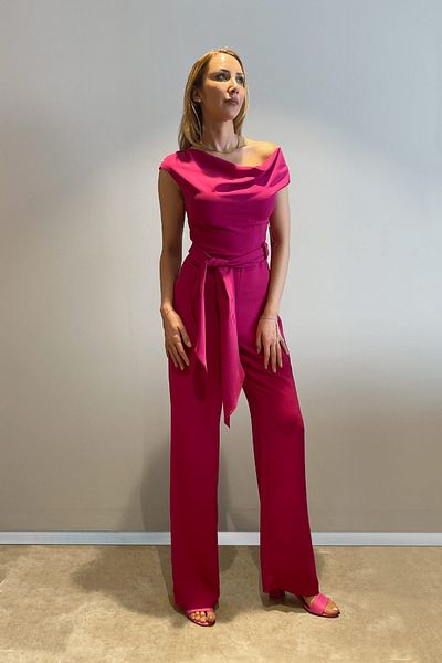INVIDIA One Shoulder Open Waist Belted Jumpsuit