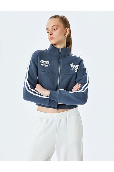 Koton Ribbed College Printed Sweatshirt with Zippered Pockets