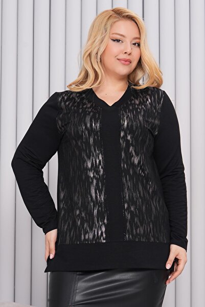 Siyezen Büyük Beden V Yaka Gümüş Lak Baskılı Bluz