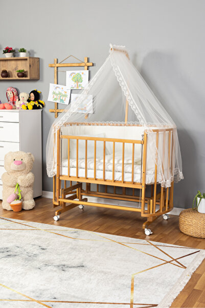 Bamgidoo Ahşap Beşik Anne Yanı Beşik Doğal (VERNİKLİ) 60x120 Krem Güpür Uyku Seti Yatak Tekerlekli