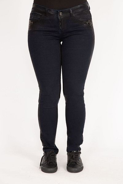 Şans Women's Navy Blue Large Size Jeans with Stone Detail on Sides and Pocket Mouth Lacquer Printed Pants 65n36000