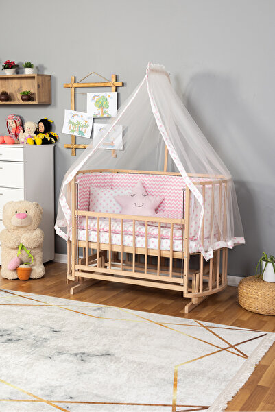 Bamgidoo Ahşap Beşik Anne Yanı Beşik Organik (BOYASIZ) 60x120 - Pembe Yıldız ...
