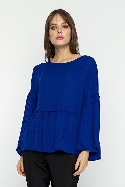 INVIDIA Sıfır Yaka Balon Kol Belden Pileli Bluz