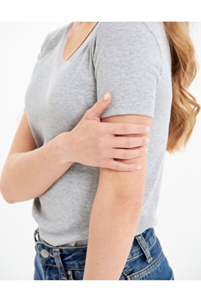 ALYA UNDERWEAR Stretchy and Cotton V-Neck Camisole Blouse - Short Sleeve, Gray Melange Bodysuit