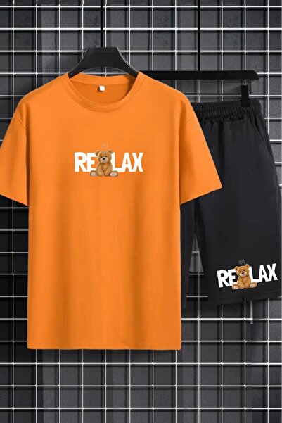 NO 601 Set de pantaloni scurți negri unisex portocaliu oversize cu imprimeu R...