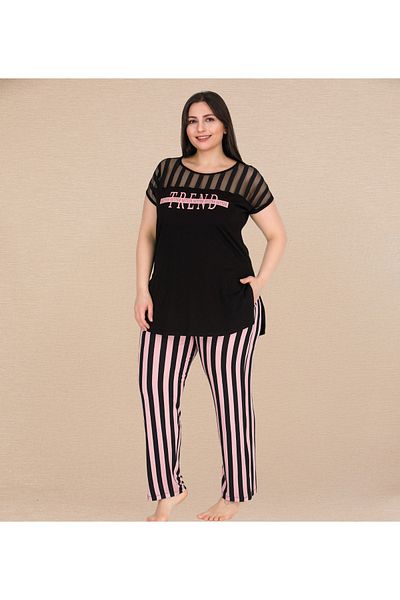 Lady Lingerie Short Sleeve Cotton Oversize Collar Detail Women's Pajamas Set