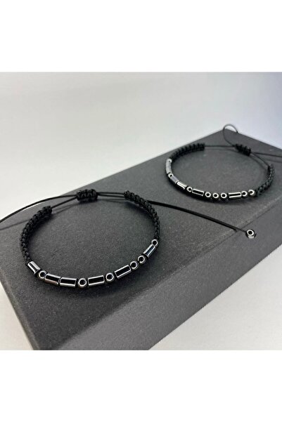 MorsAlfabesi Hematit Doğal Taş Mors Alfabesi Çift Bileklik