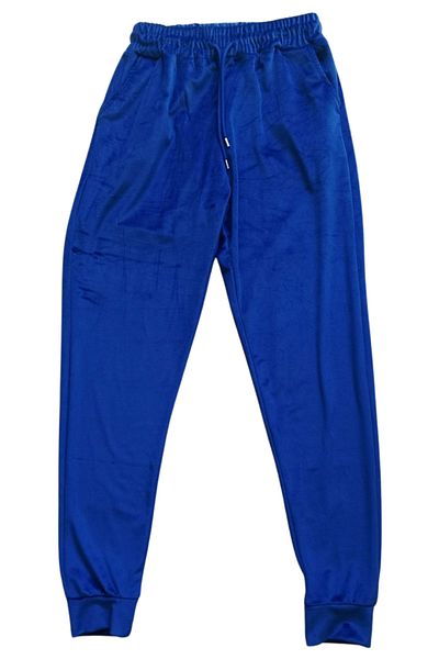Cetiner Group Blue Unisex Shiny Velvet Pants Sweatpants Pajama Bottoms - Pockets and Elastic Legs