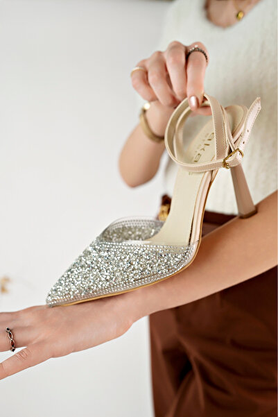 bakacstore Dámské béžové boty na podpatku s křišťálovým kamenem