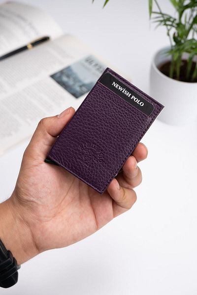 Newish Unisex Purple Genuine Leather Aluminum Mechanism Slide Card Holder Wallet (6.5X10CM)