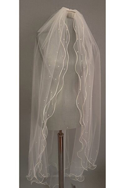 Suzanna Moda 1mt 50cm Boyu ve Eni Şeritli Dalgalı Uçları incili Krem Fildişi Renk Taraklı Hayal Tül Duvak