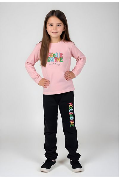 FYK KİDS Girl's Writing Printed Waist Detail Elastic Bottom Pjamas Suit