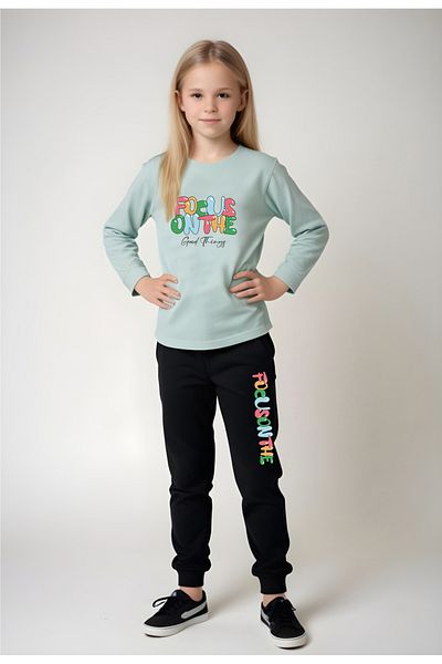 FYK KİDS Text pentru fete Detaliu talie imprimat Lasti̇kli ̇ Bottom-top Pi̇jama Suit