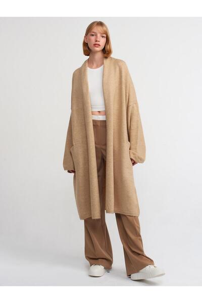 Dilvin 60197 Kadın Şal Yaka Cepli Hırka Açık Bej