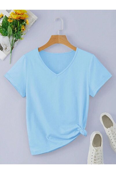 MARECASH Kadın Bebe Mavi  V Yaka Regular T-shirt