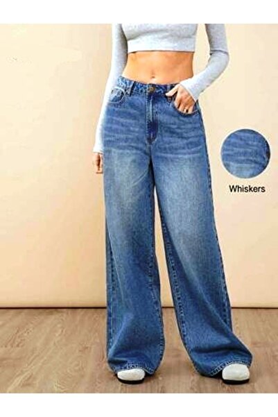 katalya بنطال جينز Palazzo نسائي واسع الساق عالي الخصر - غسيل مفتوح 11071-1