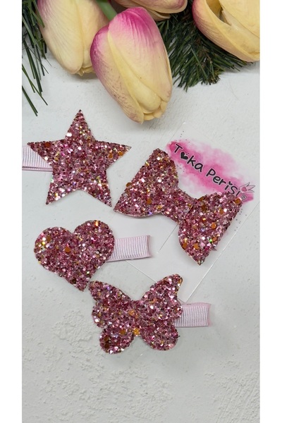 Toka Perisi Model Fluture Arc Steaua Inimă Roz - Set Catarame Sclipici