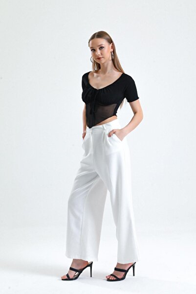 Miss Murem Lace-Up Skirt Tulle Sleeve Blouse-Black