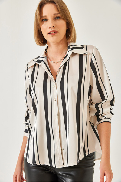 Bianco Lucci Kadın Çizgili Düğme Kapamalı Saten Gömlek 2011 60261333