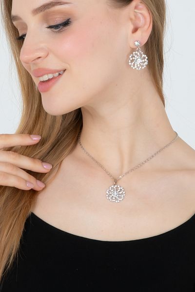 Furtek Aksesuar Women's Minimal Split Hoop Thin Chain Exquisite Zircon Stone Necklace Earrings Jewelry Set Daily Trend