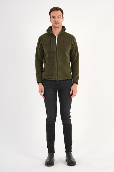 Deri Company Men's Fleece Jacket Khaki Green Zippered Stand Collar