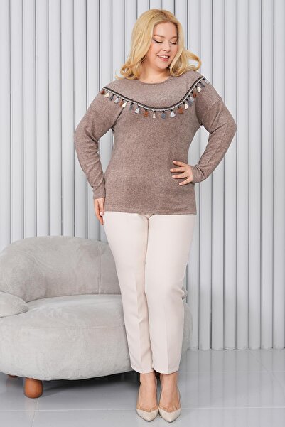 Siyezen Plus Size Tassel Detail Soft Sweater