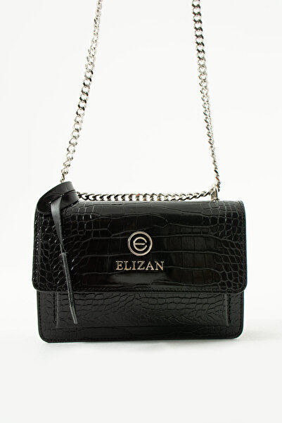 Elizan Kapaklı Bölmeli Zincir Askılı Siyah Kroko Çapraz Kadın Çantası