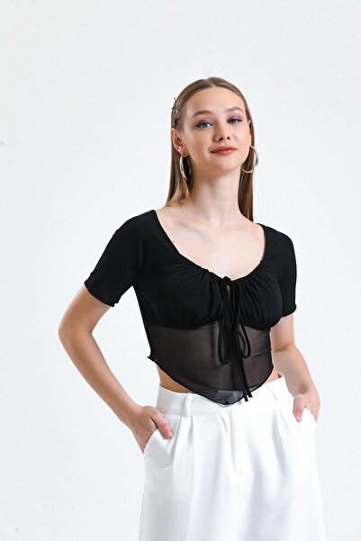 Miss Murem Lace-Up Skirt Tulle Sleeve Blouse-Black