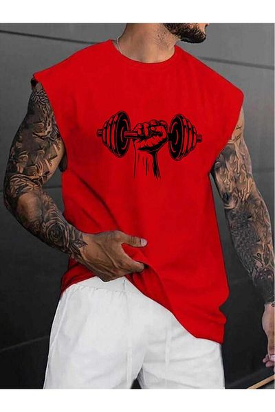 NO 601 Men's Red Sleeveless Dumbell Gym Print Tshirt