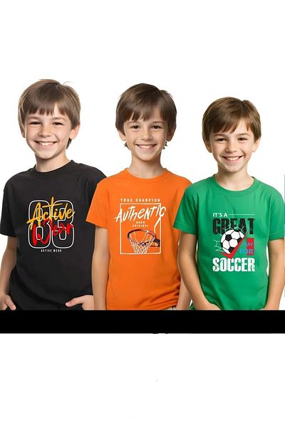 FYK KİDS تي شيرت أساسي بأكمام قصيرة مطبوع للأطفال مكون من 3 قطع للجنسين