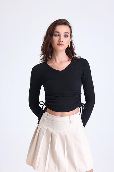 Miss Murem Side Drawstring V-Neck Blouse-Black