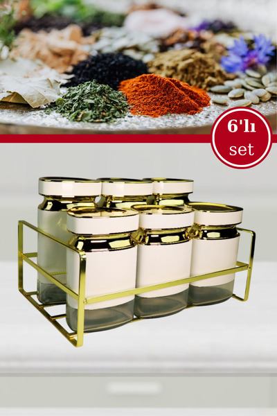 Evren 6 Parça Üçgen Vakum Kapaklı Cam Baharatlık Seti ve Metal Stant, Baharat Takımı 6’li Set