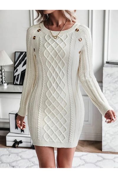 AQE FASHION Γυναικείο πλεκτό με λαιμόκοψη με πλεκτό μαλλί με μοτίβο ζακάρ με κουμπιά Λεπτομερές πλεκτό από πέτρα Κομψό φόρεμα