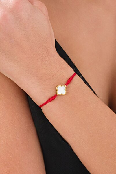 AcestesDesign Yonca Şans Çiçeği Şık Tasarım Beyaz Renk Taş Ve Ithal Kırmızı R...