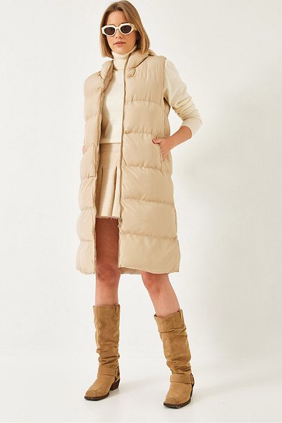 Bianco Lucci Women's Hooded Zippered Double Pocket Long Vest 60901002