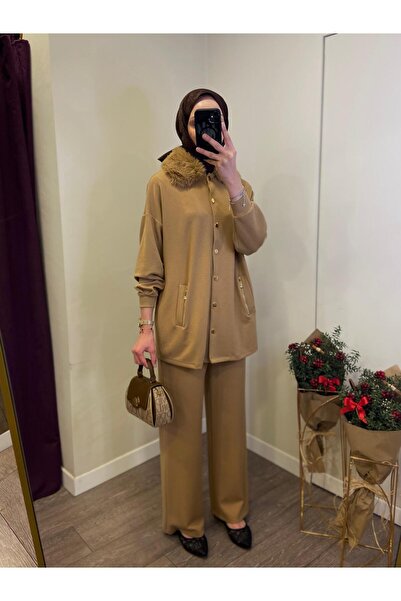 Levidor Taba Yakası Kürk Detaylı İkili Takım