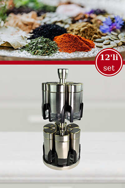 Evren 12’li Cam Baharatlık Seti, Yuvarlak Tuzluk Karabiberlik Baharat Takımı ve Döner Stant