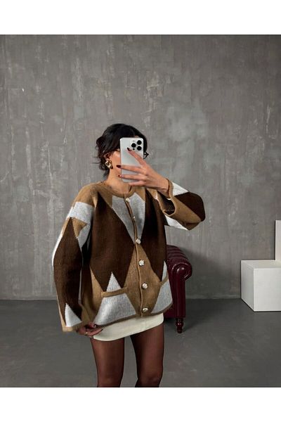 Sfg Life Moda Cardigan de damă cu buzunar ridicat și tricotaj cu model de diamante