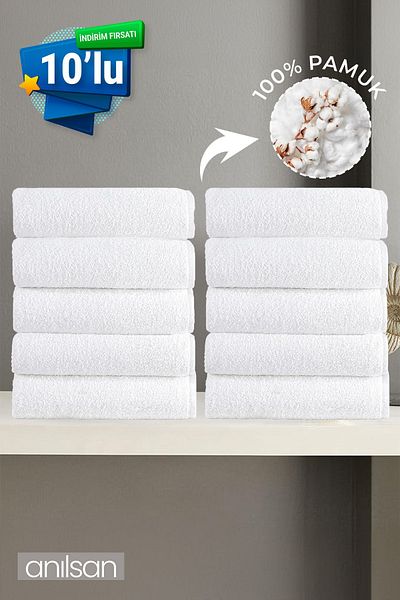 Anılsan White 10-Piece Hand Towels - 50X90 Cm, 225 Gr, 100% Cotton, Spa & Hotel Towels, for Daily Use
