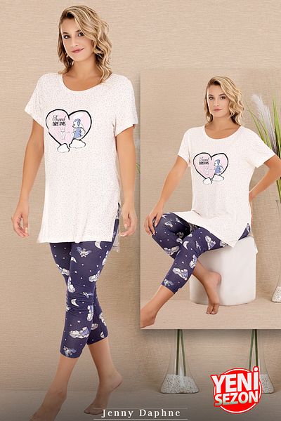 Jenny Daphne Set pijamale Capri din viscoză - Tricou cu mânecă scurtă, croială relaxată 12069
