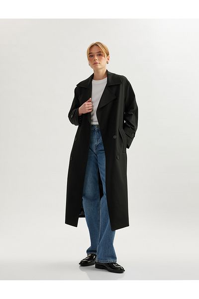 Koton Long Sleeve Pocket Gabardine Fabric Double Breasted Long Trench Coat with Belt
