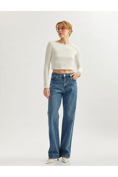 Koton Modal Fabric Bow Detail Round Neck Women's Long Sleeve Women's T-Shirt