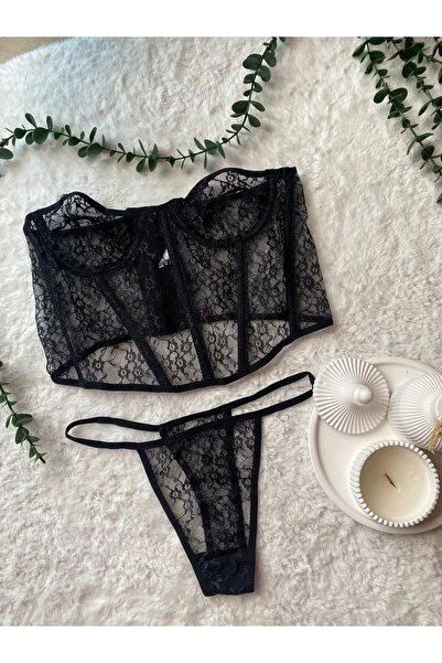 MAYA LİNGERİE Kadın Siyah Büstiyer Takım Korseli Balenli