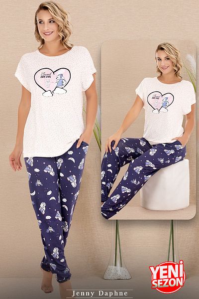 Jenny Daphne Set de pijamale tricou cu mânecă scurtă, cu imprimeu de noapte, din țesătură din viscoză, 12584