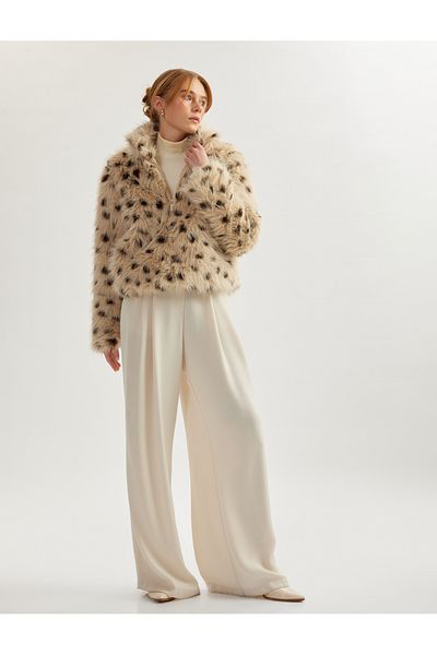 Koton Long Sleeve Stand Collar Leopard Print Faux Fur Jacket