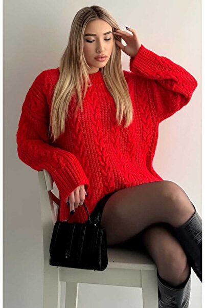 yeditepe fashion Red Oversize Knitwear Sweater - Crew Neck Hair Knit Detail