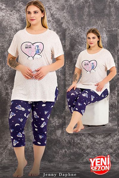 Jenny Daphne Set de pijamale Capri cu mâneci scurte cu imprimeu de noapte Lady Plus Size 10713