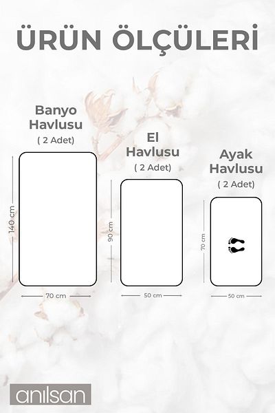 Anılsan Set of 6 White Towels - 2 Hand Towels 50X90, 2 Bath Towels 140X70 and 2 Foot Towels 50X70