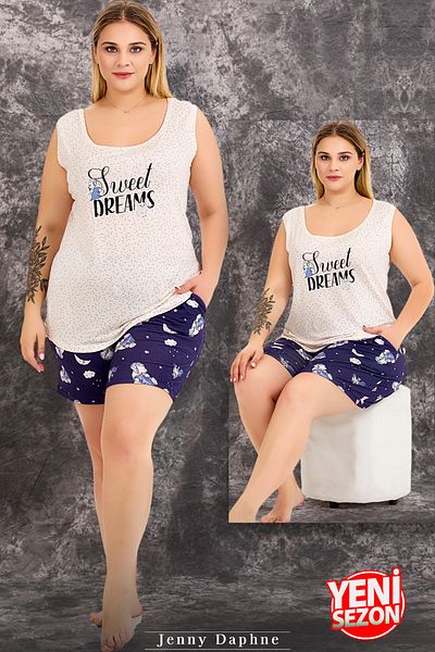Jenny Daphne Set de pijamale cu mâneci scurte, cu mâneci scurte, cu imprimeu de noapte, pantaloni scurți din dantelă 10423